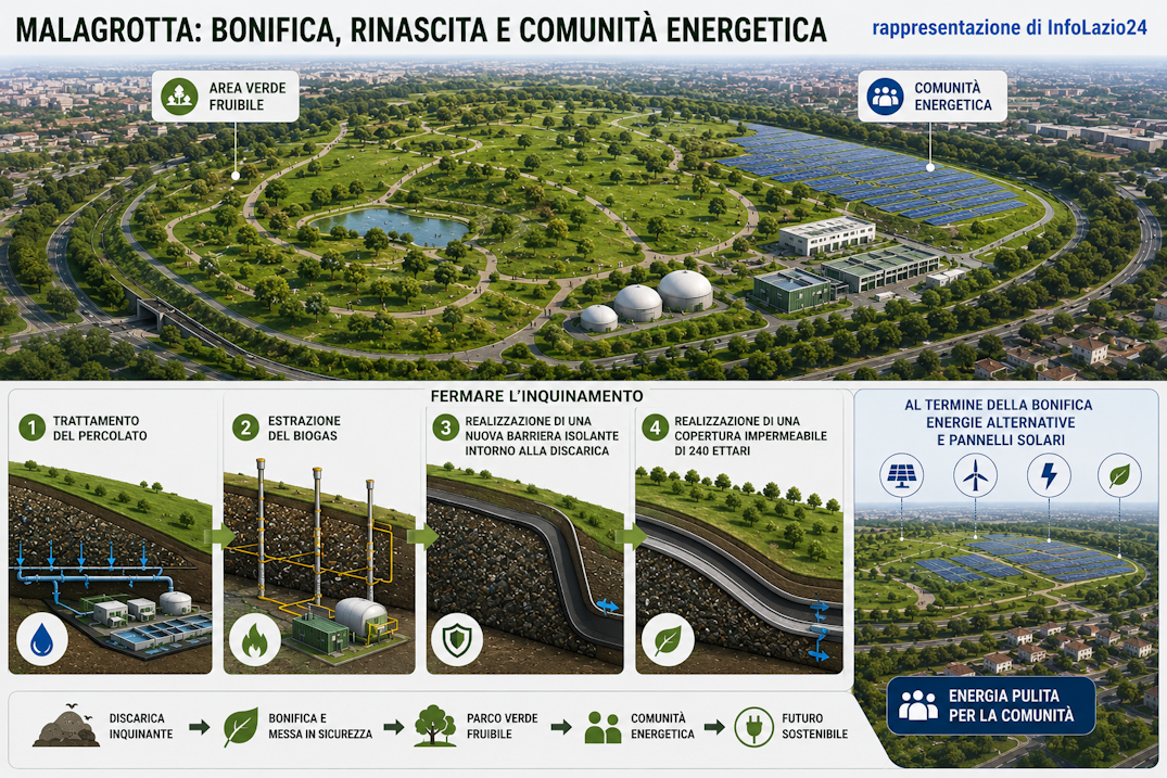 malagrotta discarica rifiuti sostenibile progetto rigenerazione green fotovoltaico storia incendi criminalità politica appalto informazione Lazio_InfoLazio24_SCHEMA